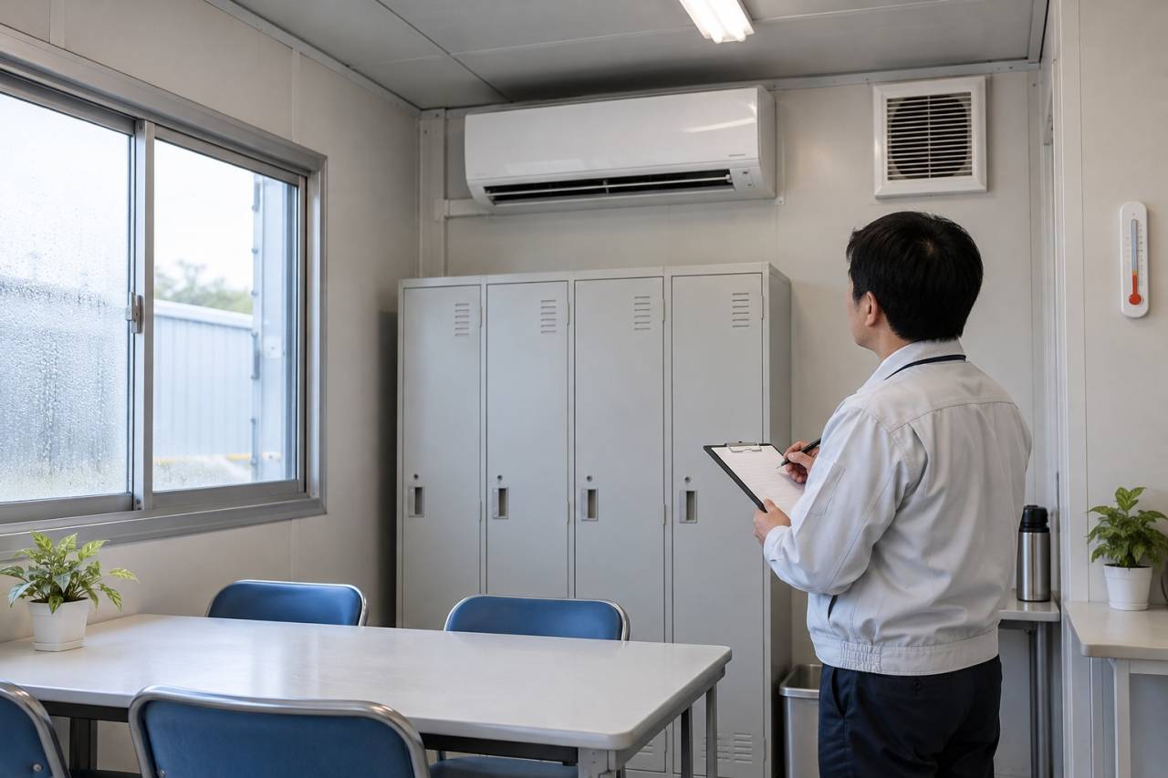 冷房の運転と換気設備と窓際の湿りを別々に確認する休憩室のイメージ