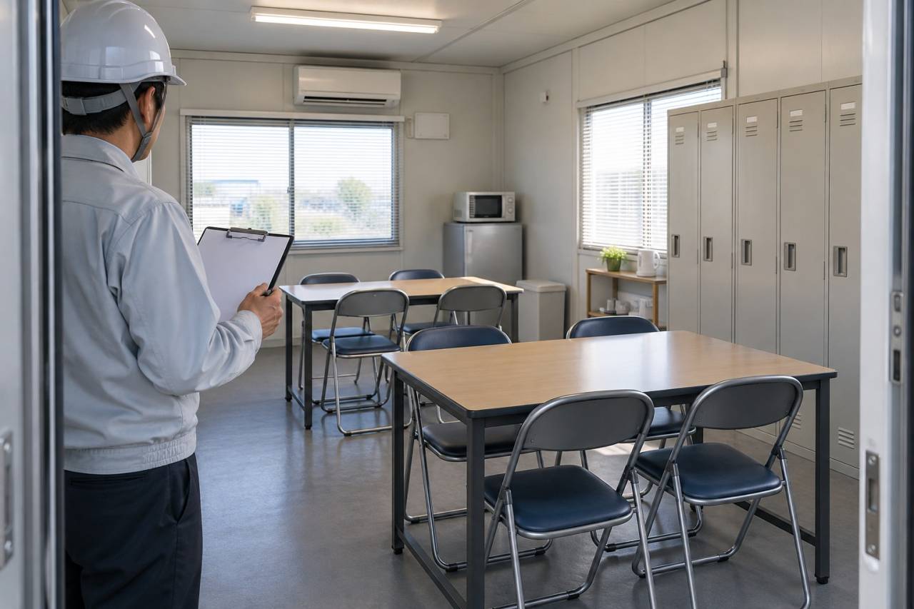 休止後のコンテナ休憩室で利用再開前の変化を確認するイメージ