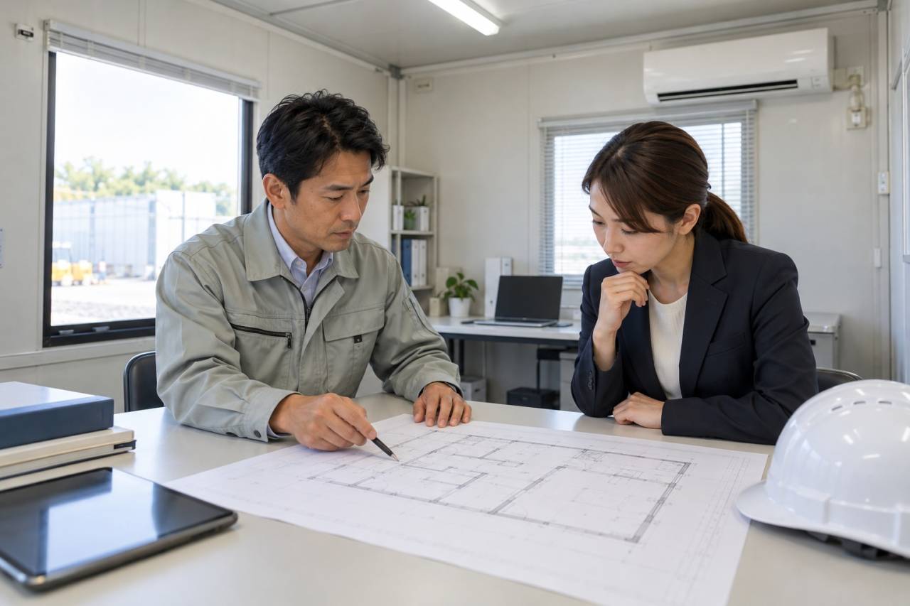コンテナ事務所の利用状況と確認したい範囲を専門家に相談するイメージ