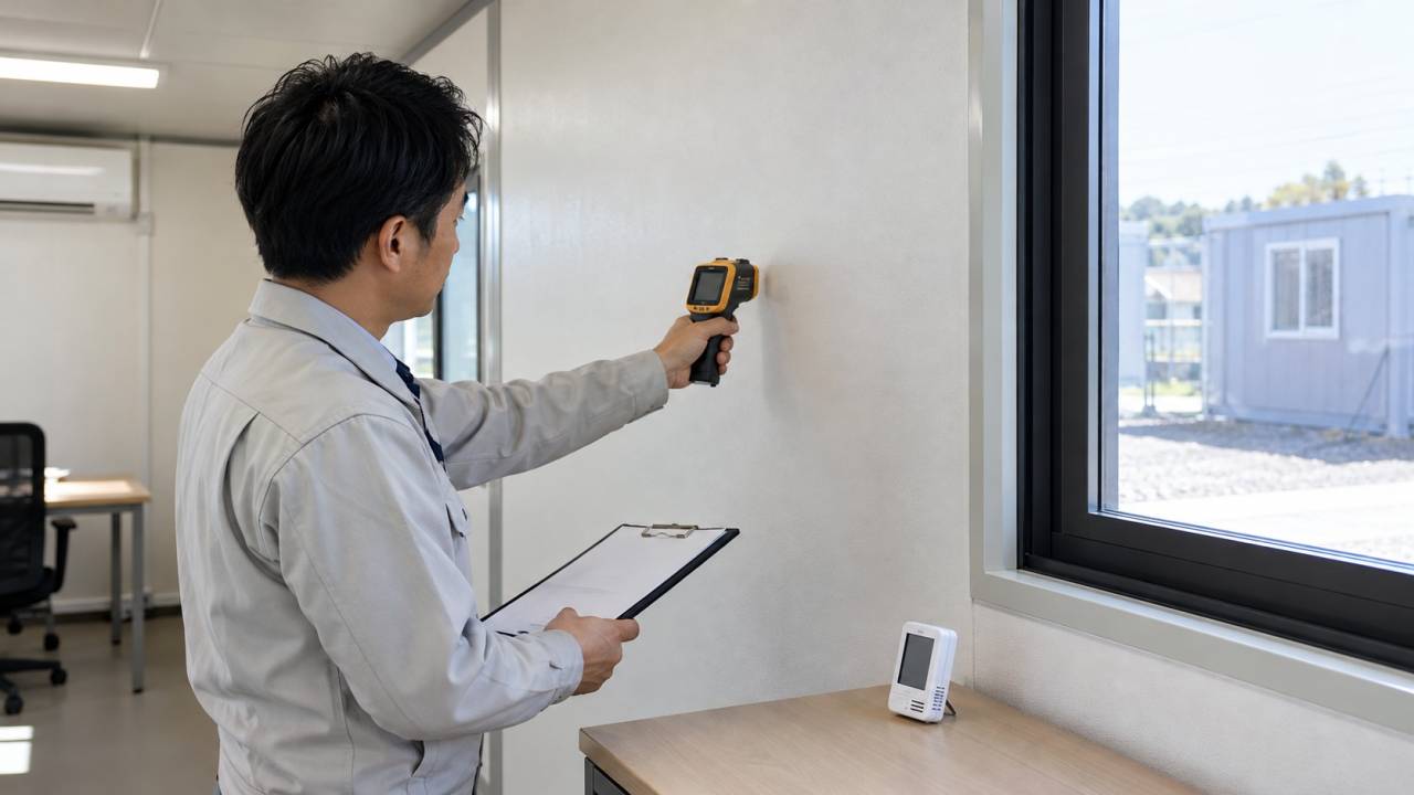 室内の温湿度と壁や窓枠の表面温度を対応させて測定するイメージ