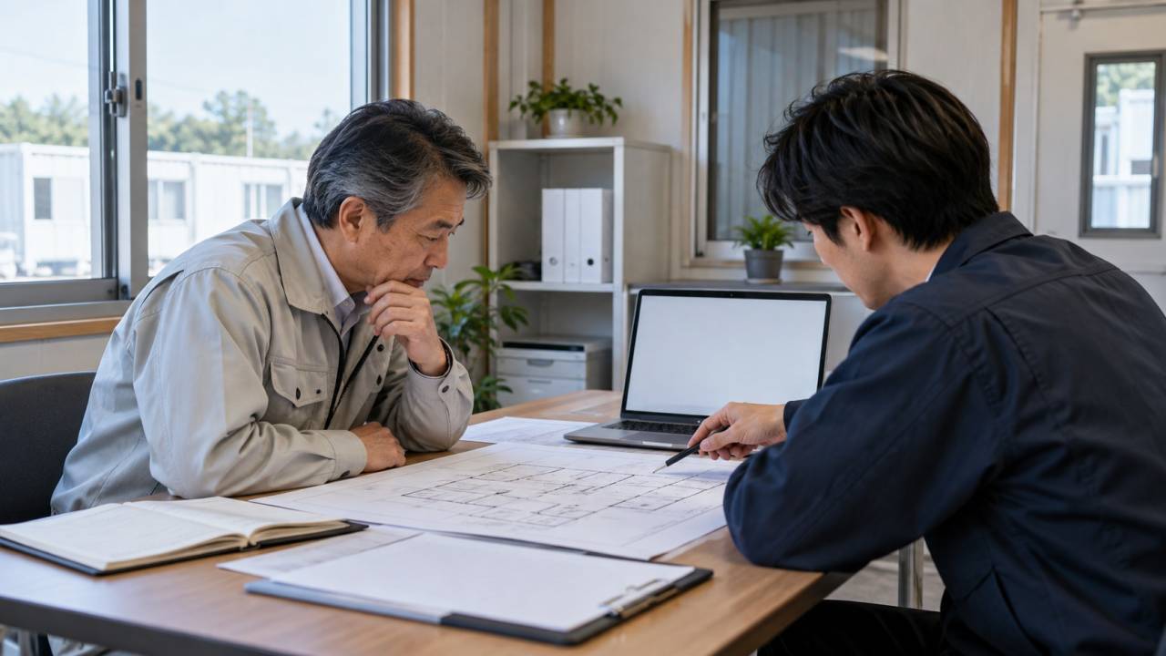 建物の配置図と冷房の運転記録をもとに調査内容を相談するイメージ