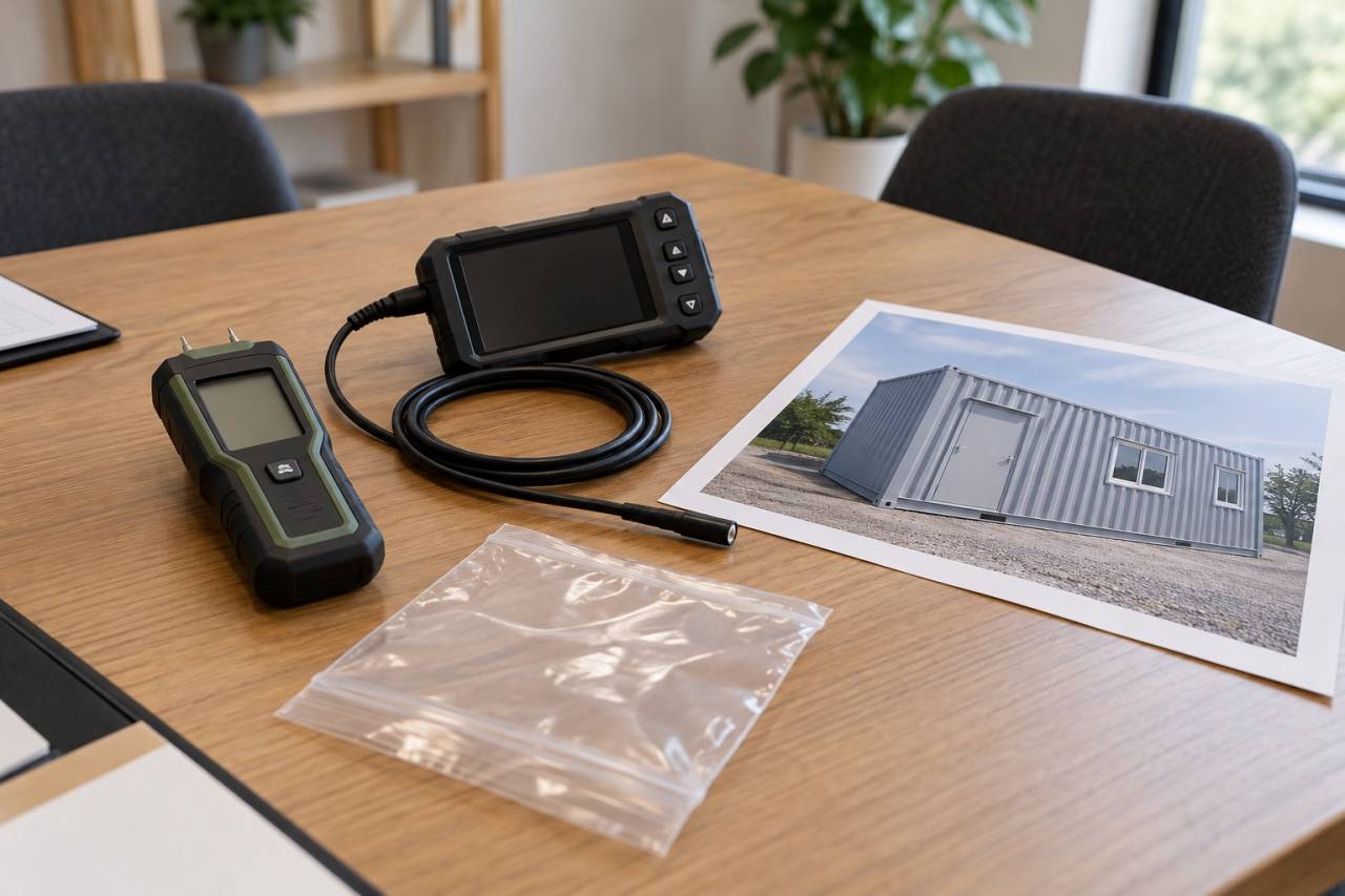 中古コンテナの写真と未使用の調査器具を並べた相談準備