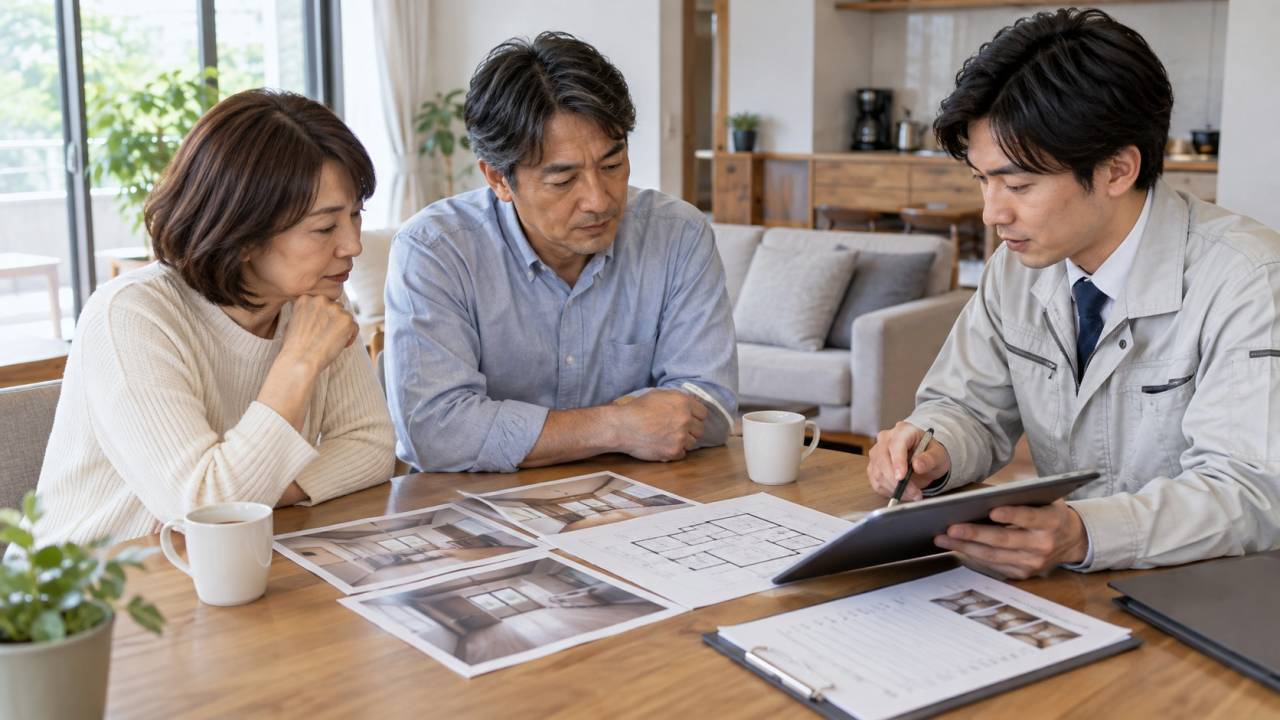 写真と間取り図を見ながら相談する3人