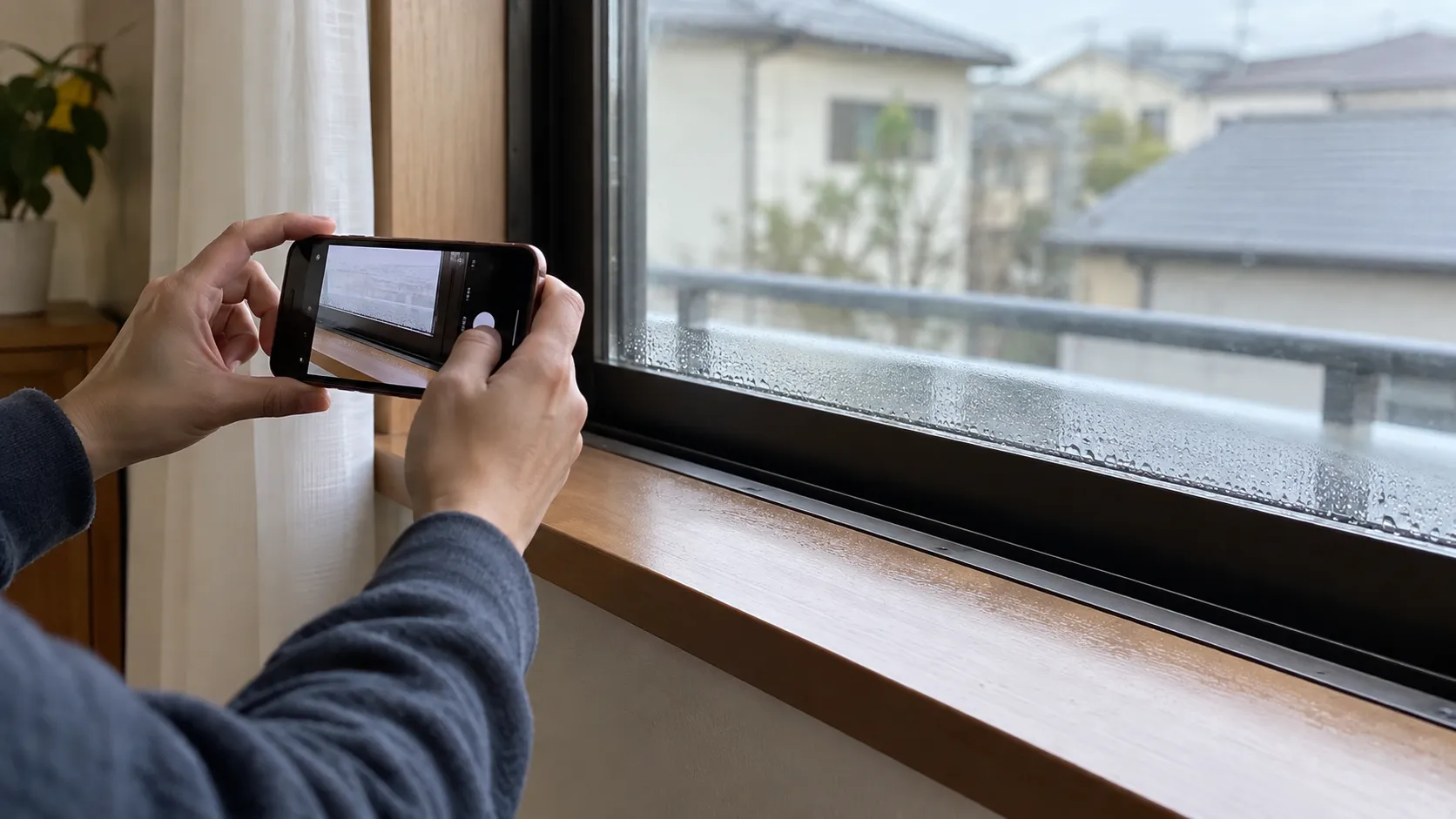 窓の結露をスマートフォンで撮影する様子