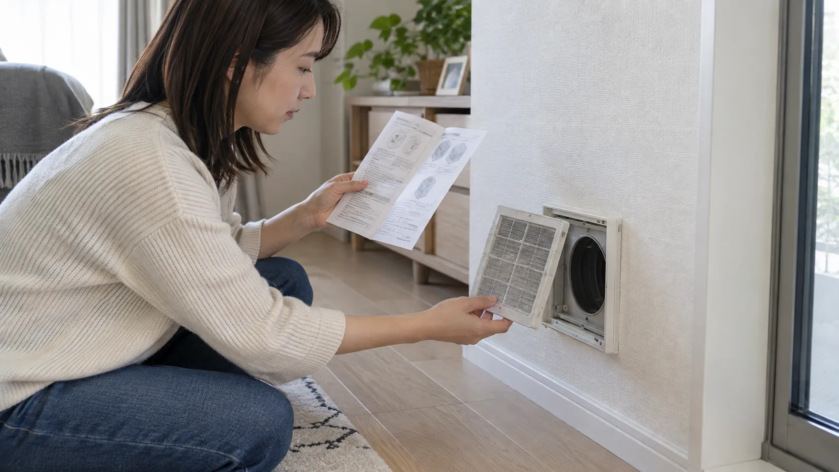 説明書を見ながら給気口のフィルターを確認する住人