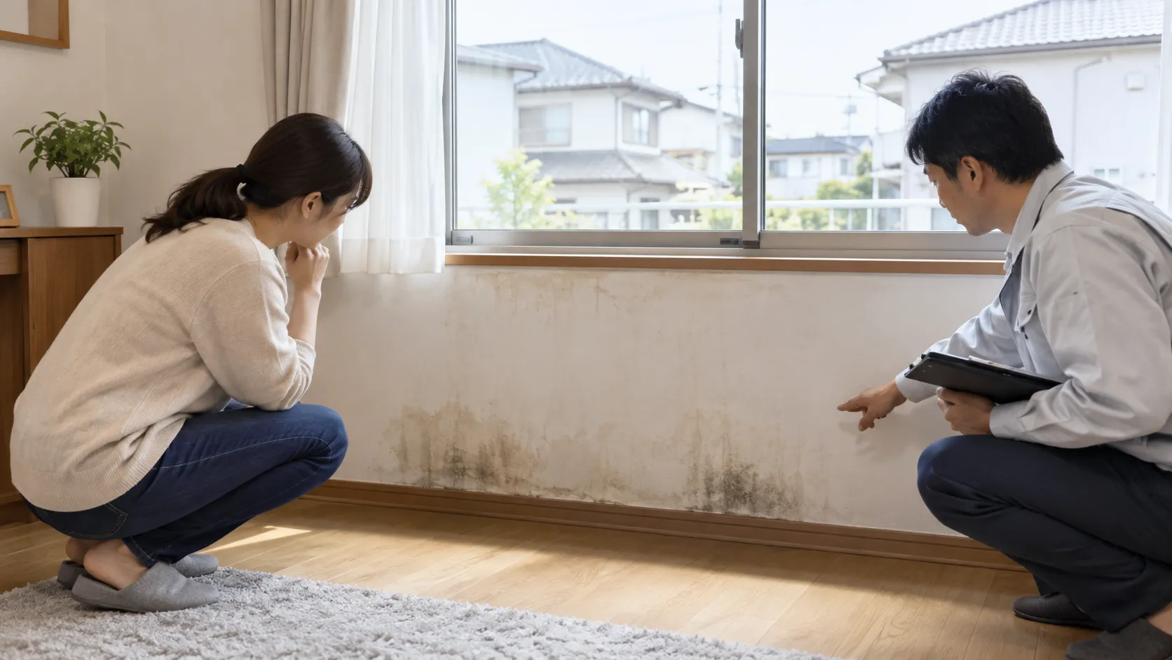 窓下の染みを調査員と確認する住人