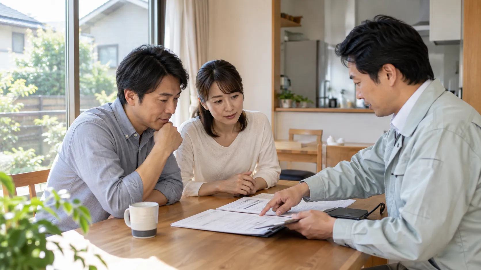 住宅の作業見積もりを担当者と確認する夫婦