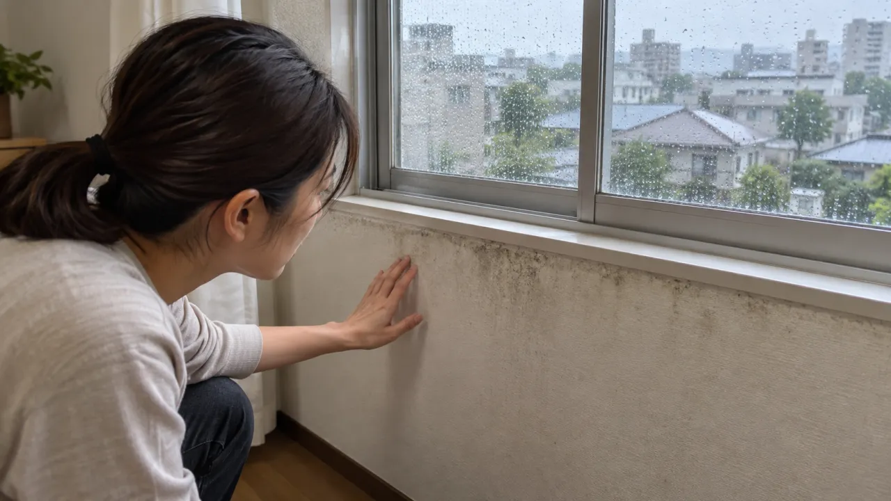 雨の日の窓下の壁を確認する住人