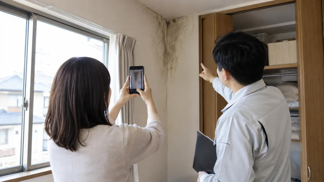 壁の染みを写真に残し専門担当者に相談する住人