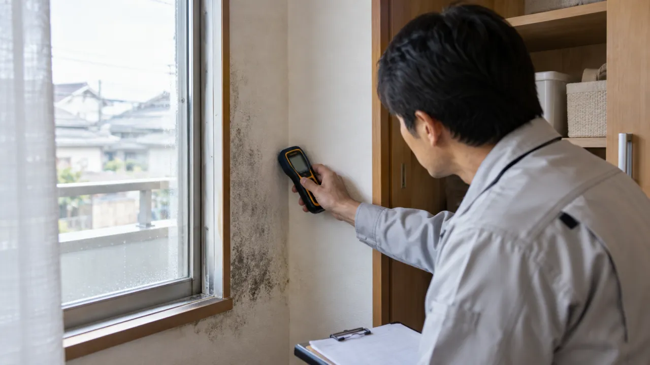 窓脇の壁の水分を測定する調査員