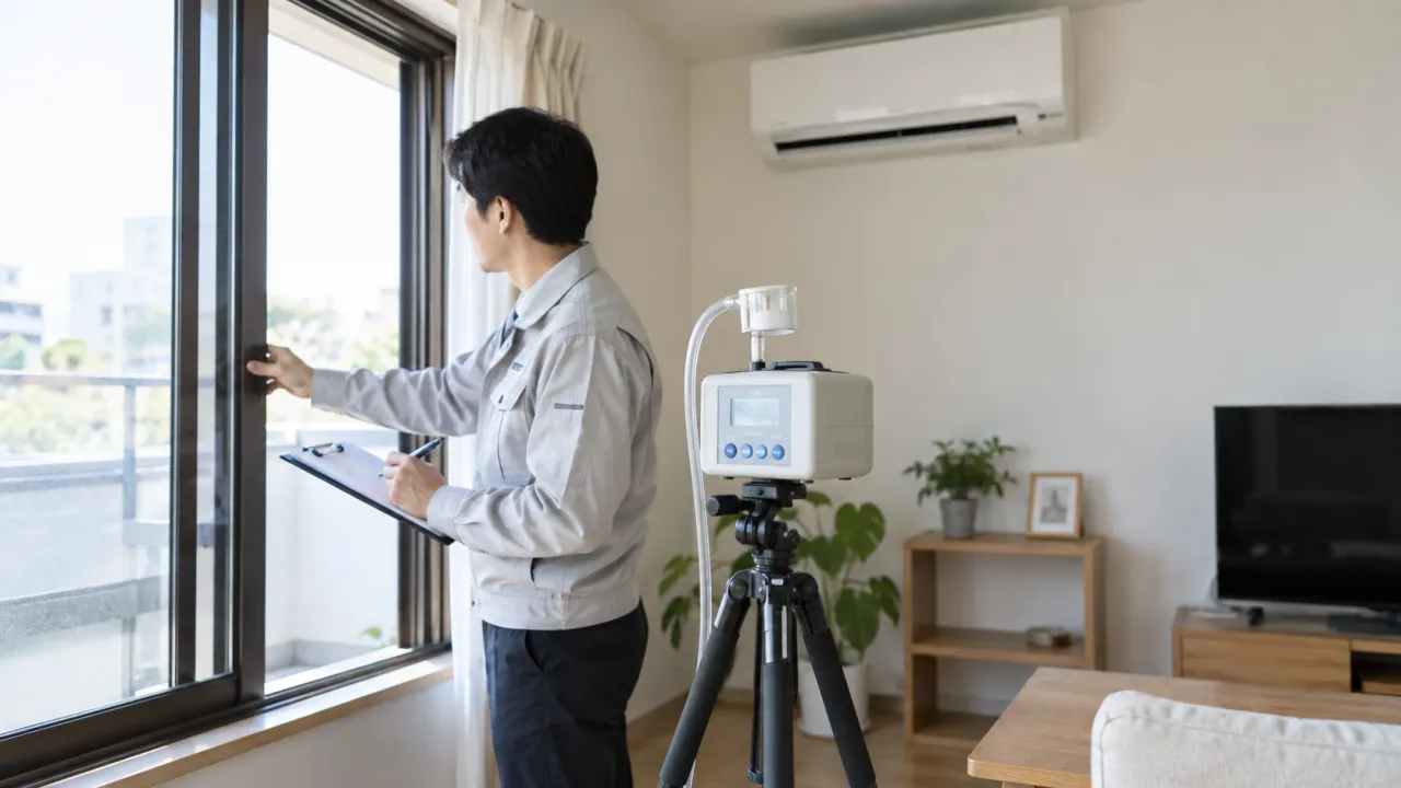 採取装置の近くで窓や空調の条件を確認する担当者