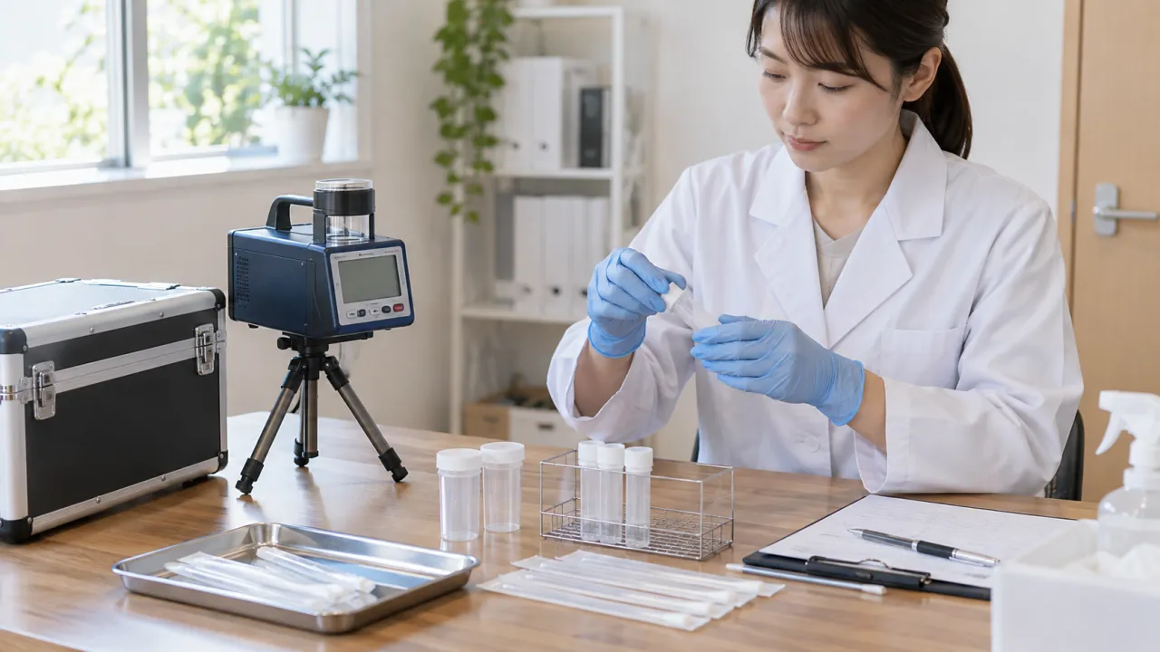 採取器と容器を準備する検査担当者