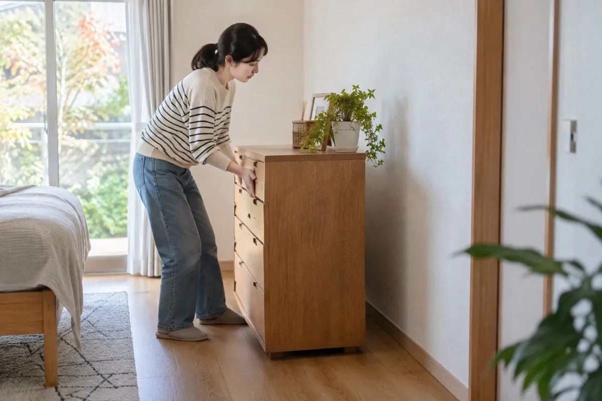 家具を安全に少し離して壁を確認する場面