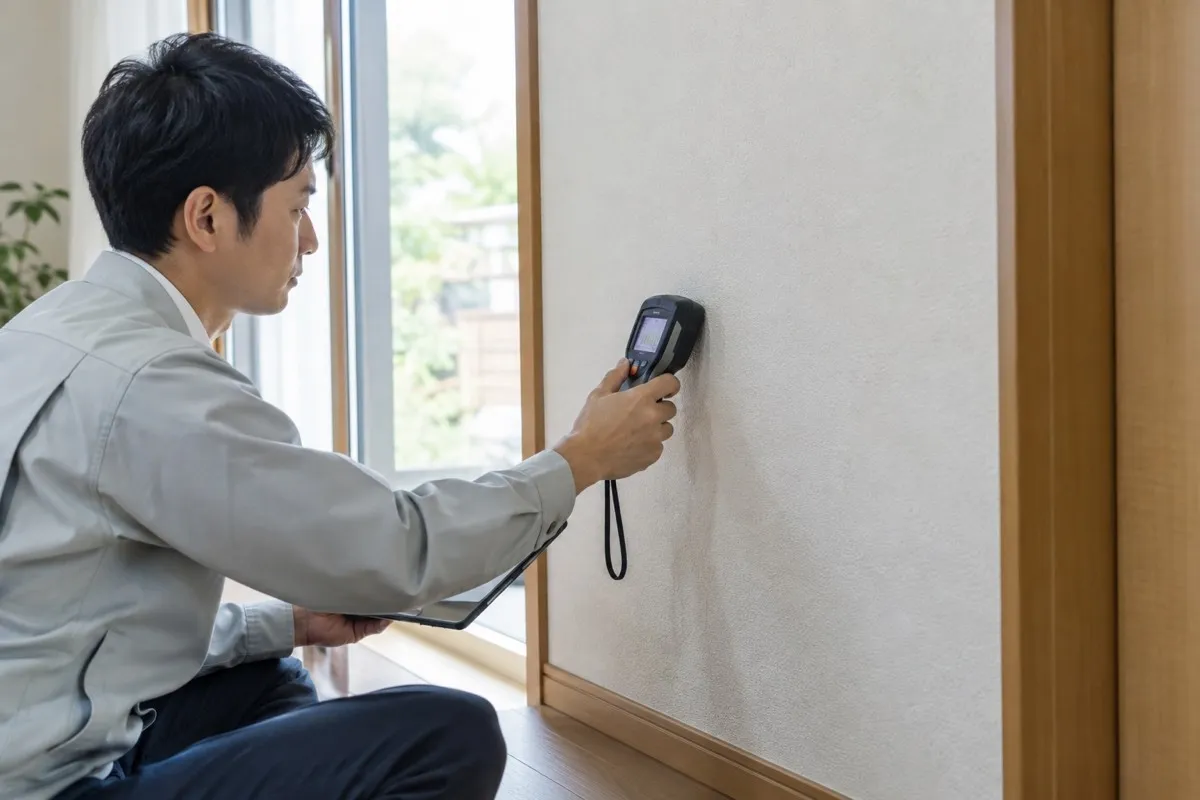 壁の水分を非破壊機器で確認する担当者