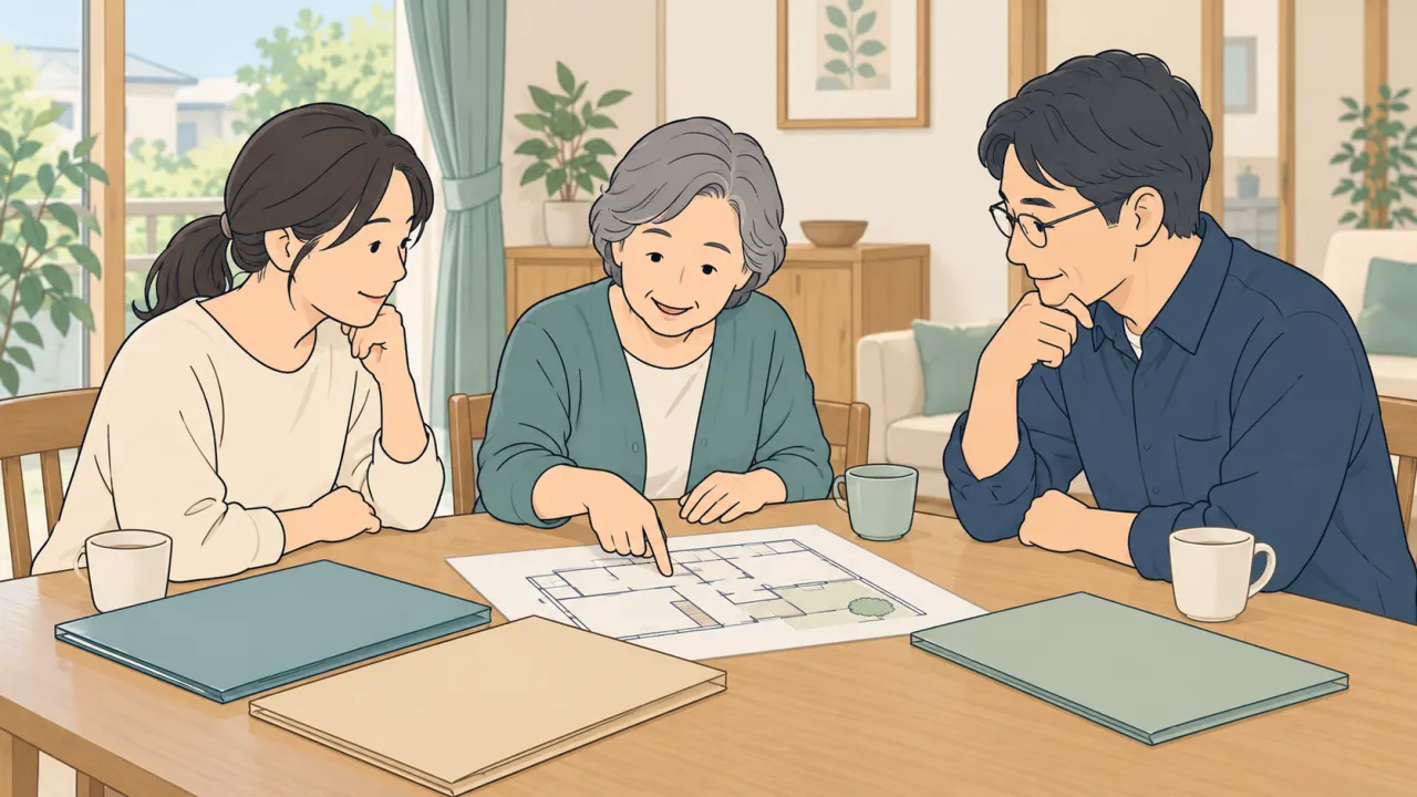 実家の相談で家族の役割を話し合うイラスト