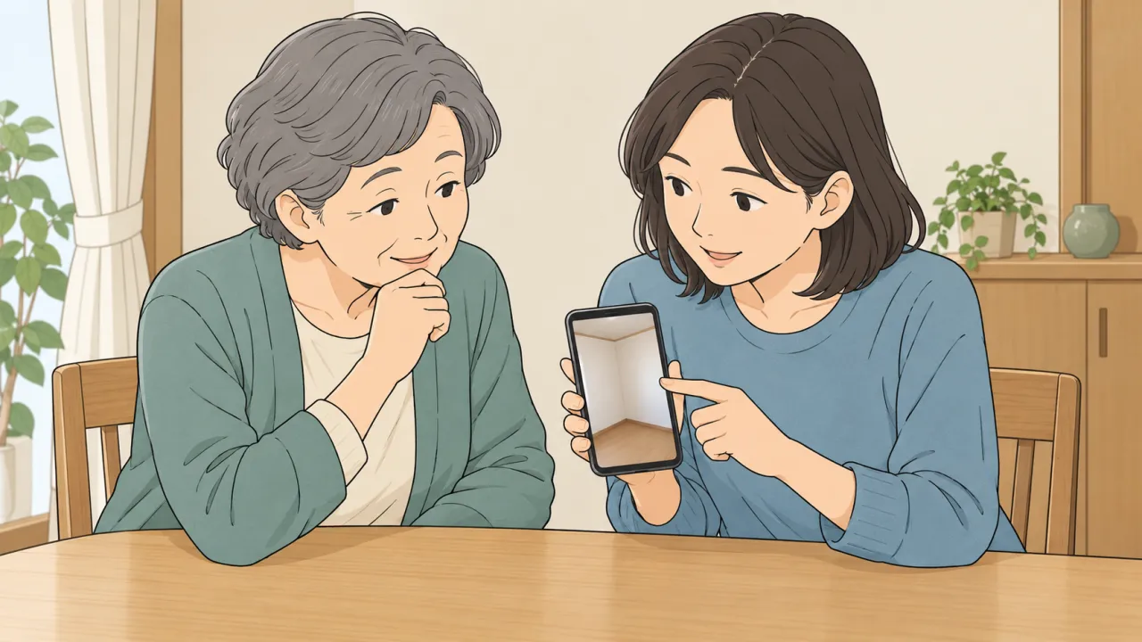 住まい手と一緒に共有する室内写真を確認するイラスト