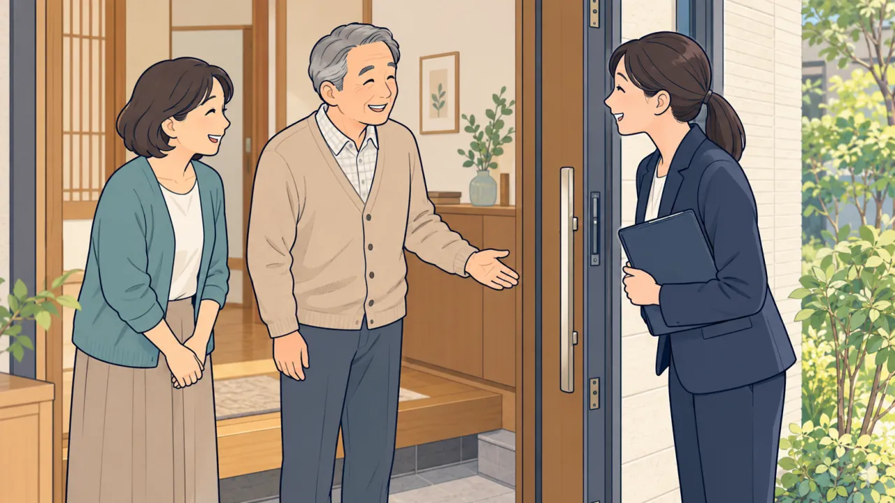 了承した訪問日に住まい手と家族が担当者を迎えるイラスト