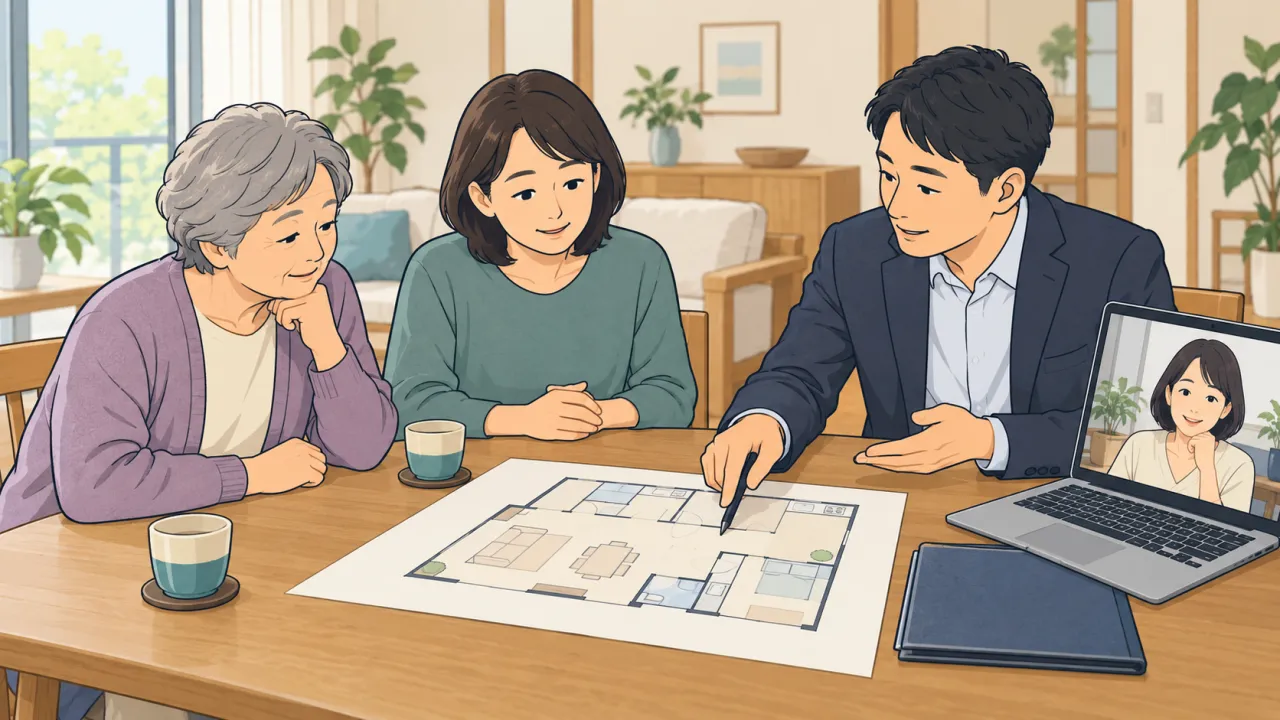 住まい手と遠方の家族も交えて調査範囲を相談するイラスト