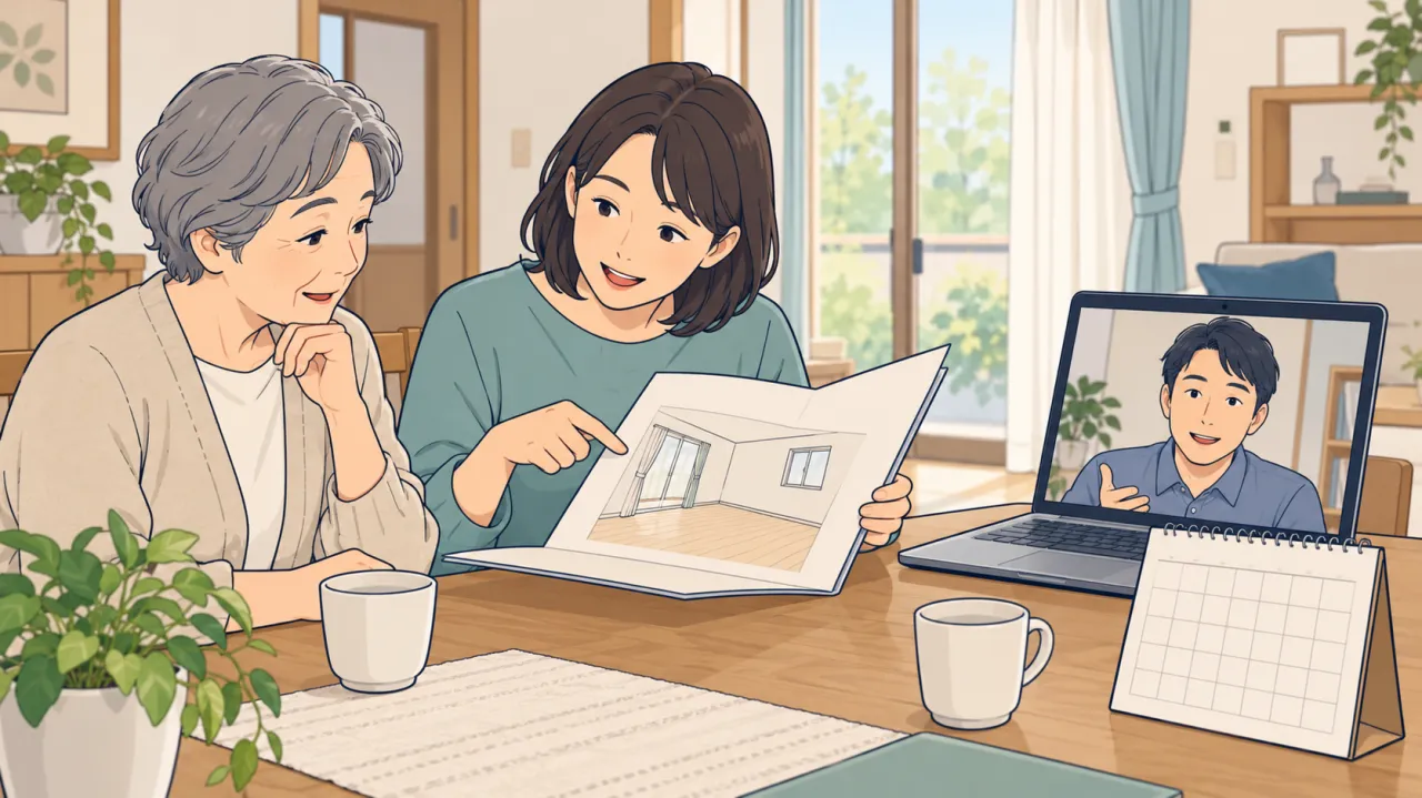 実家の調査結果と次の予定を家族で共有するイラスト