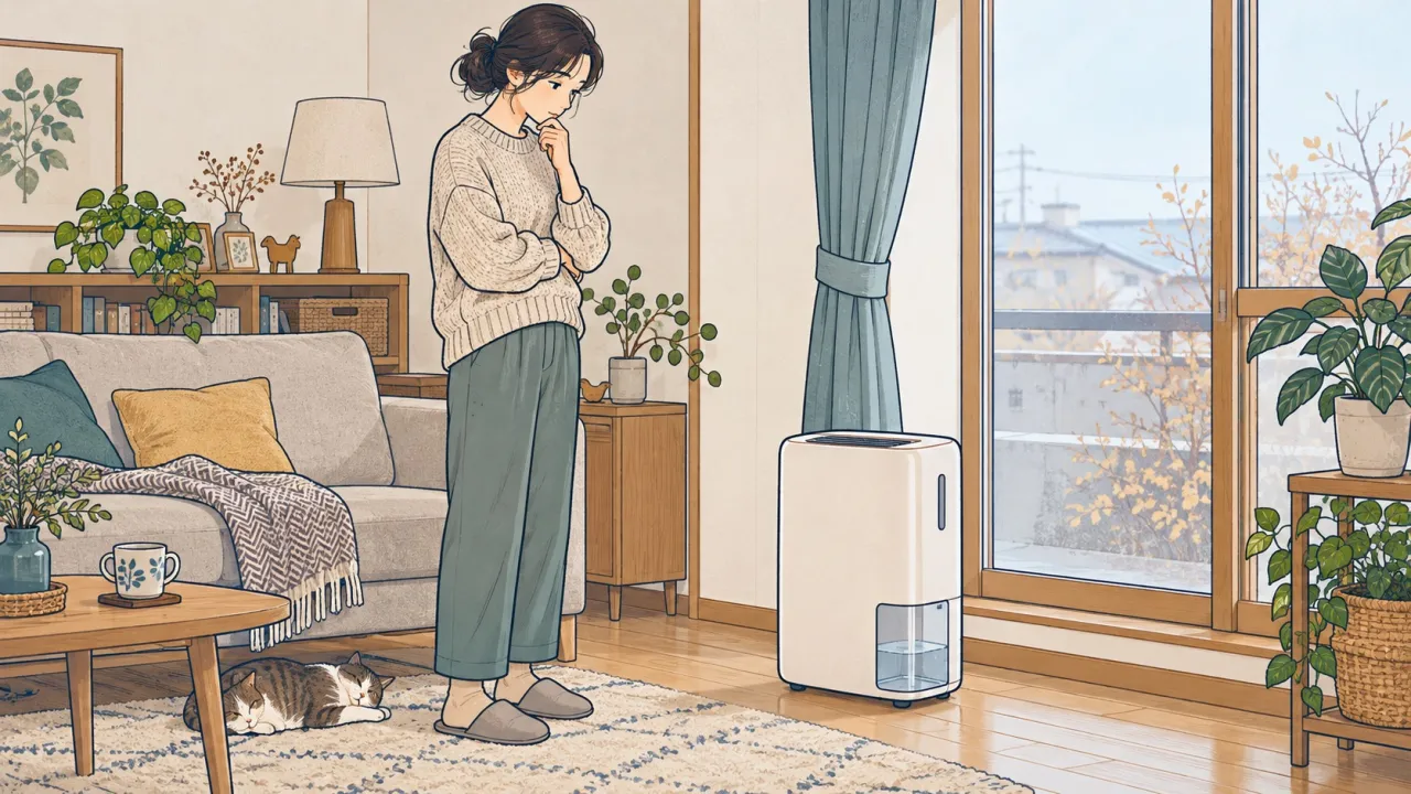 冬の少ないタンク水量を見て考える住まい手のイラスト