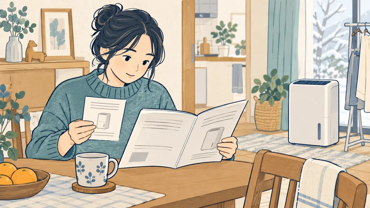 除湿機の型番に合う説明書を確認するイラスト
