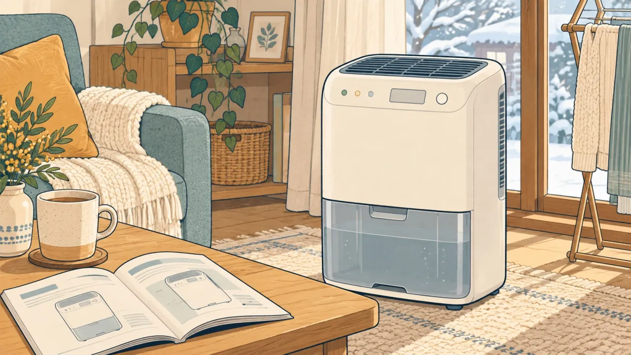 運転表示と説明書を確認する除湿機のイラスト