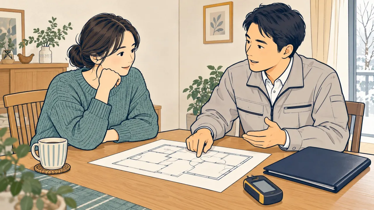 建材の状態を専門担当者と相談するイラスト