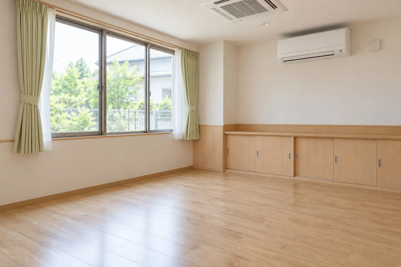 窓と空調、木製収納がある室内